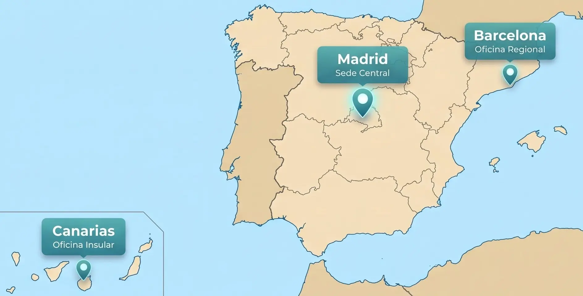 Mapa de España con las sedes de SIRKUS en Madrid, Barcelona y Canarias